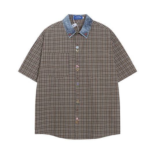 Denim Collar Plaid Short-Sleeve Shirt
