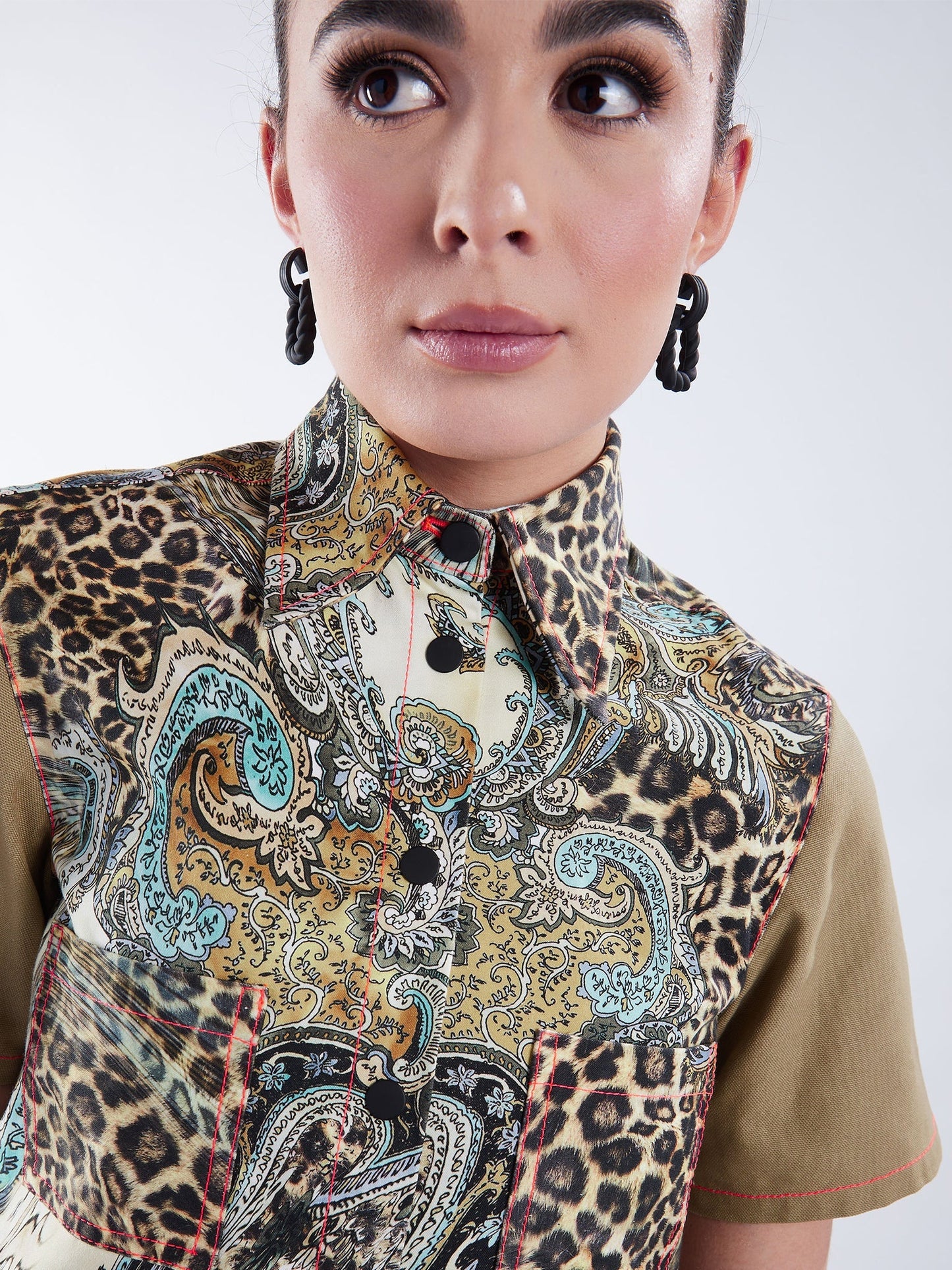 Cropped Button-Down Shirt in Tan and Leopard Paisley - RUN THE STREETS COLLABORATIVE