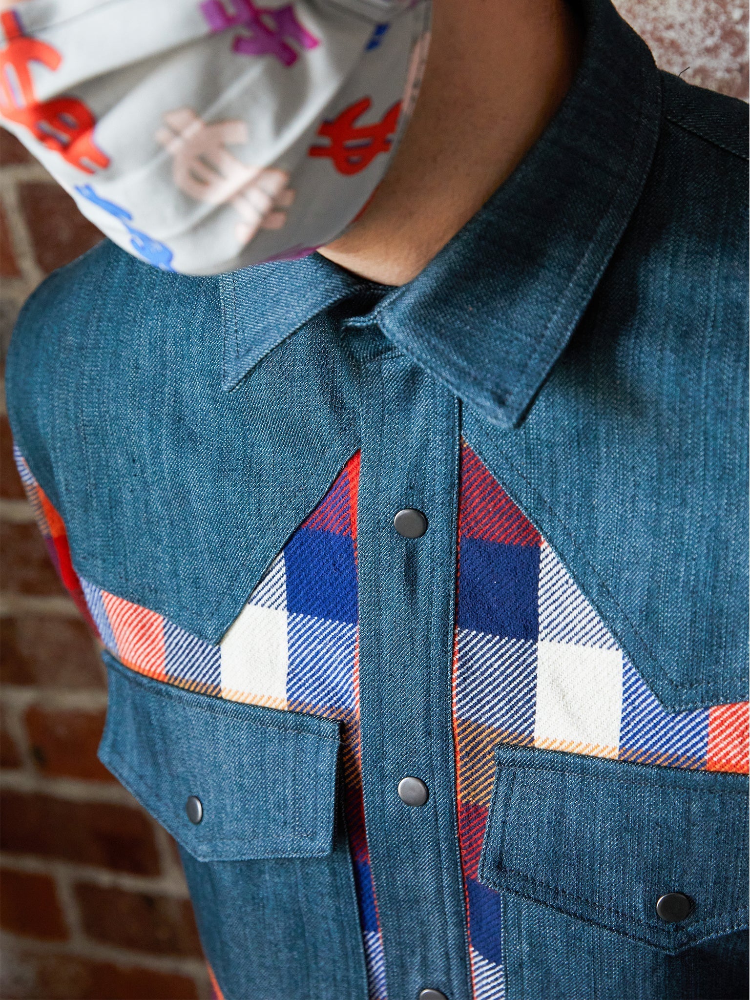 Western Shirt in Orange Checked Flannel and Denim - RUN THE STREETS COLLABORATIVE