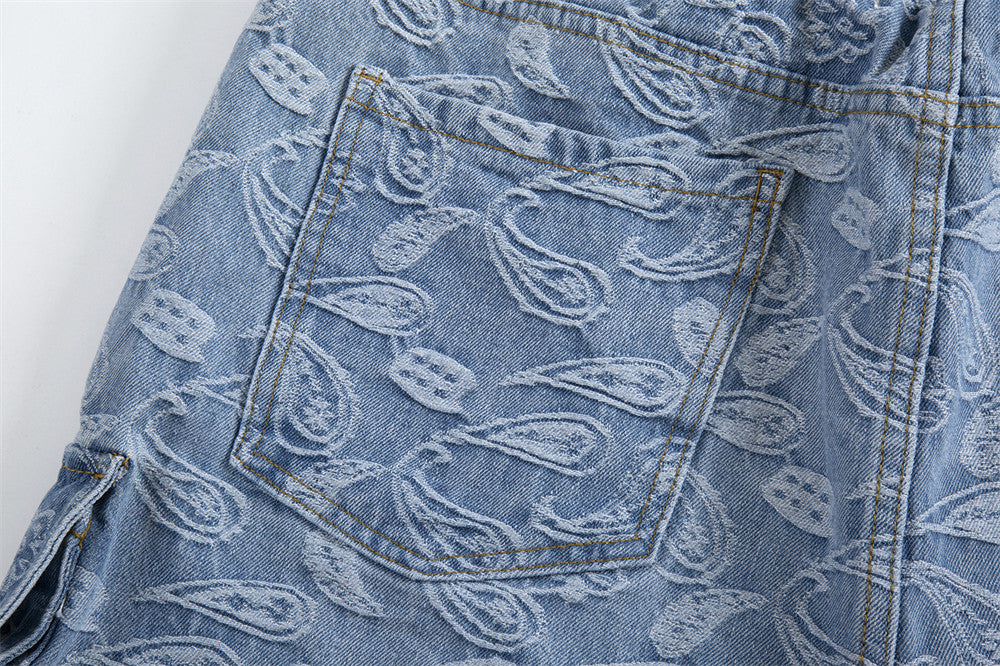 Cargo Pockets Jacquard Paisley Denim Shorts - RUN THE STREETS COLLABORATIVE