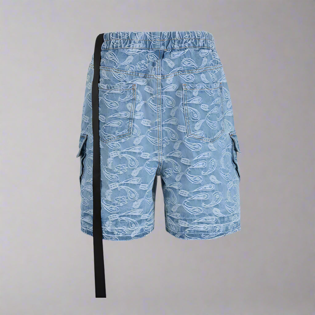 Cargo Pockets Jacquard Paisley Denim Shorts - RUN THE STREETS COLLABORATIVE