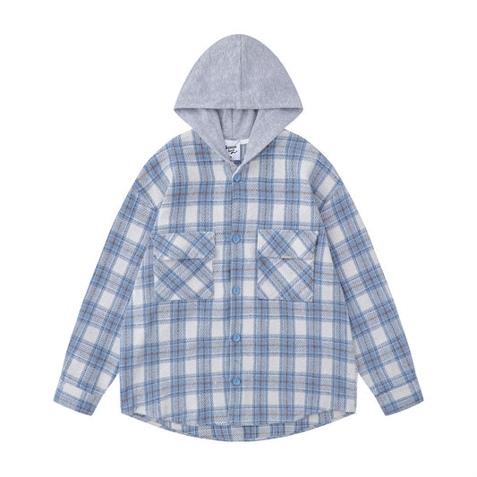 Hooded Plaid Button Shirt