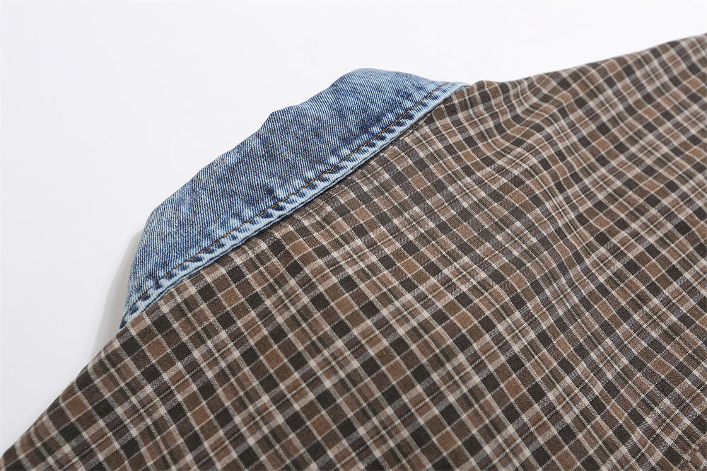 Denim Collar Plaid Short-Sleeve Shirt