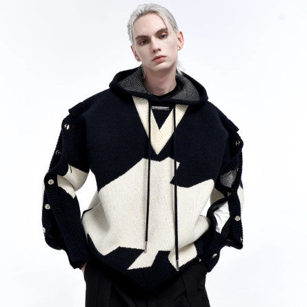 Abstract Snap-Detail Hooded Sweater