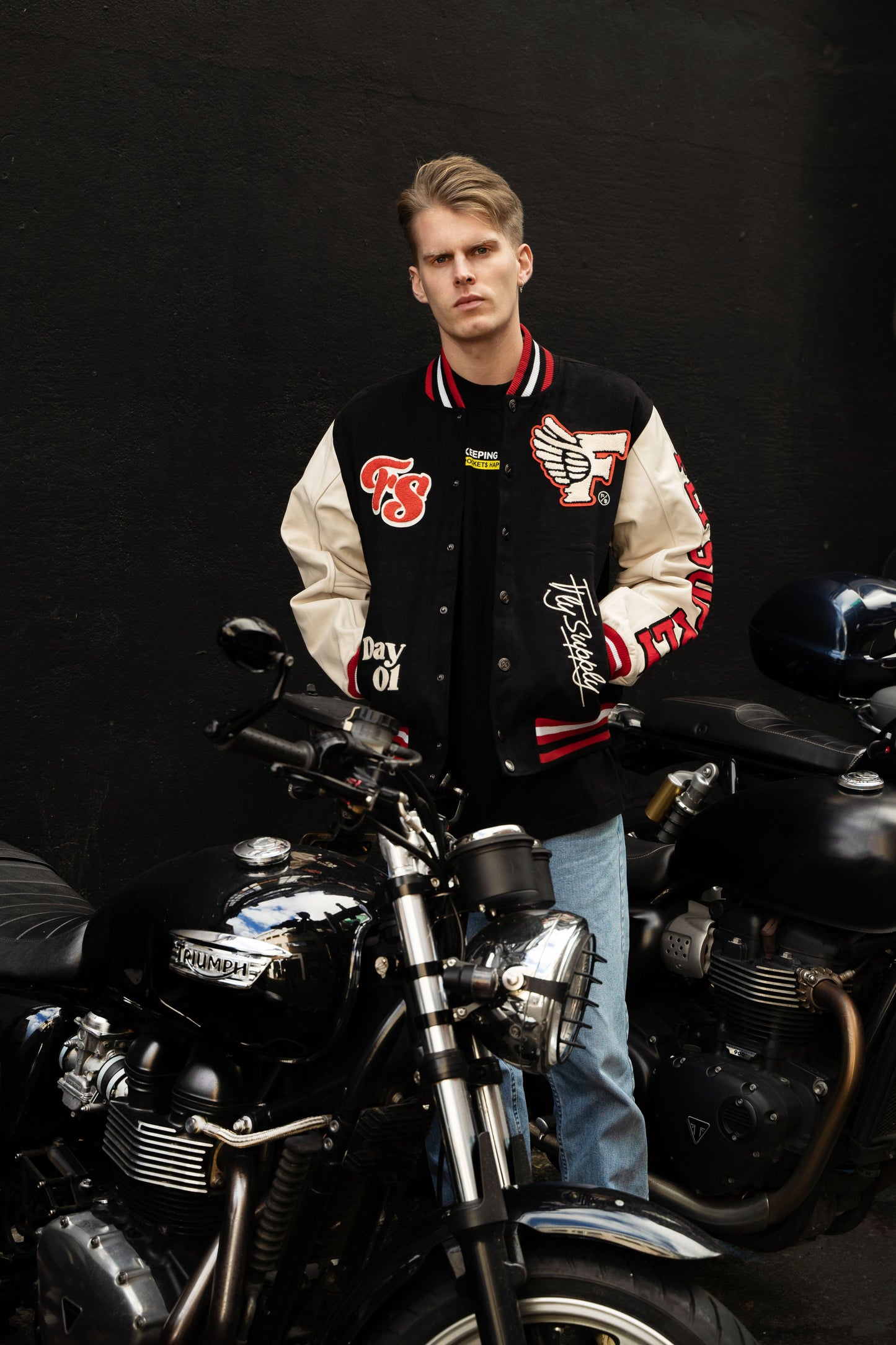 Manifest Varsity Jacket (Black) - RUN THE STREETS COLLABORATIVE