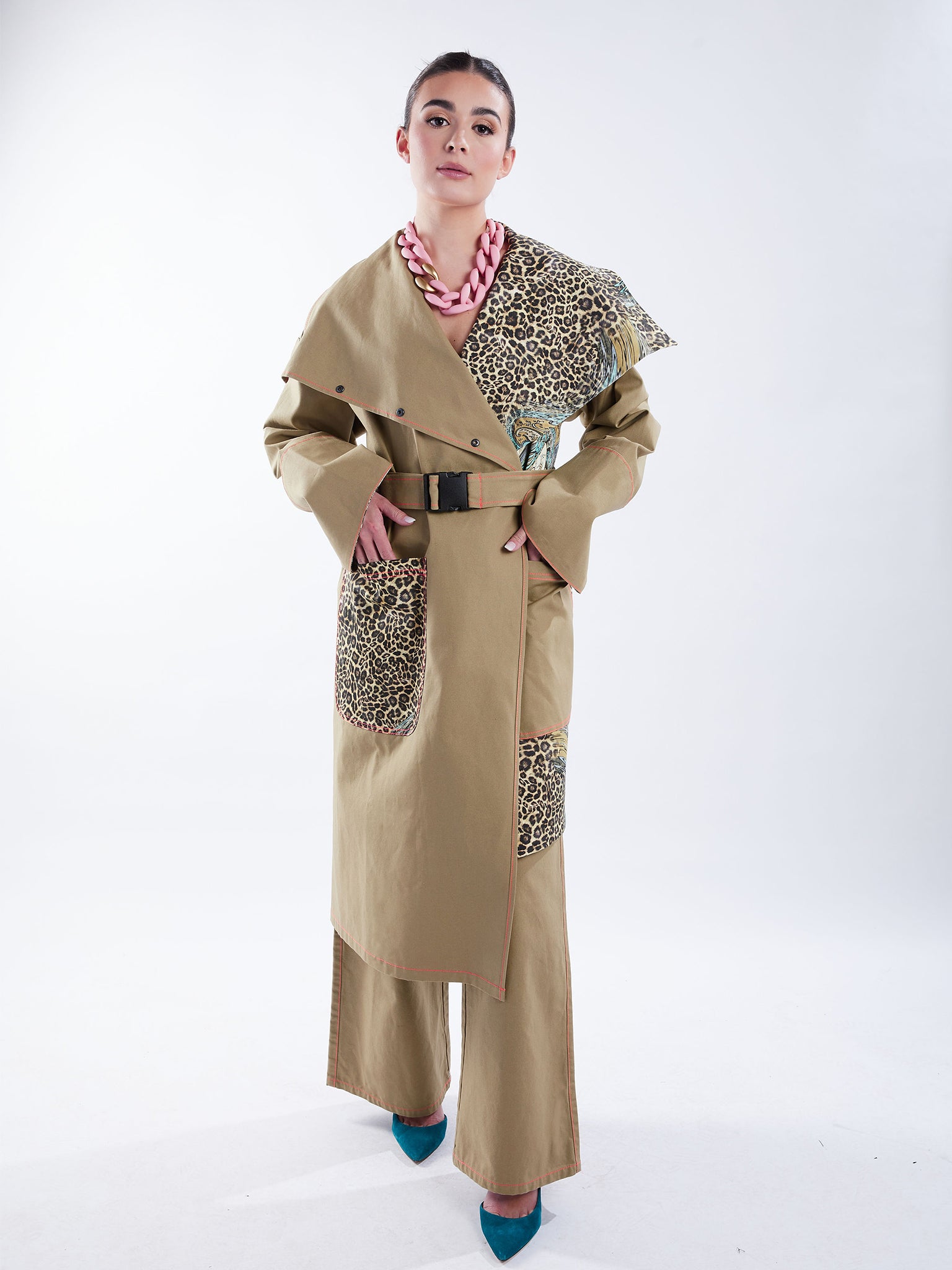 Asymmetric Trench Coat in Tan Duck and Leopard Paisley Print - RUN THE STREETS COLLABORATIVE