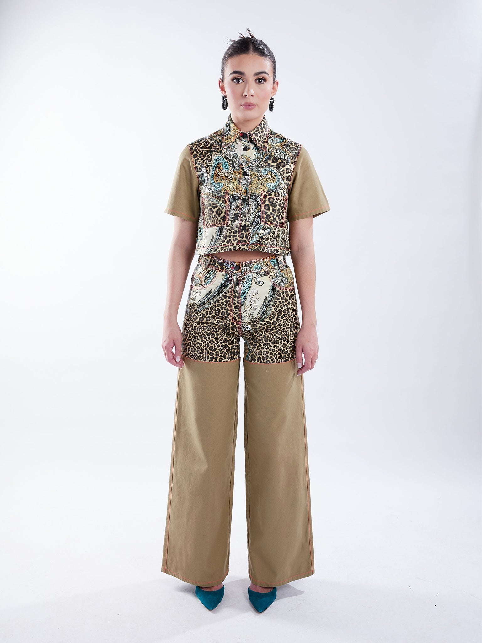 Cropped Button-Down Shirt in Tan and Leopard Paisley - RUN THE STREETS COLLABORATIVE