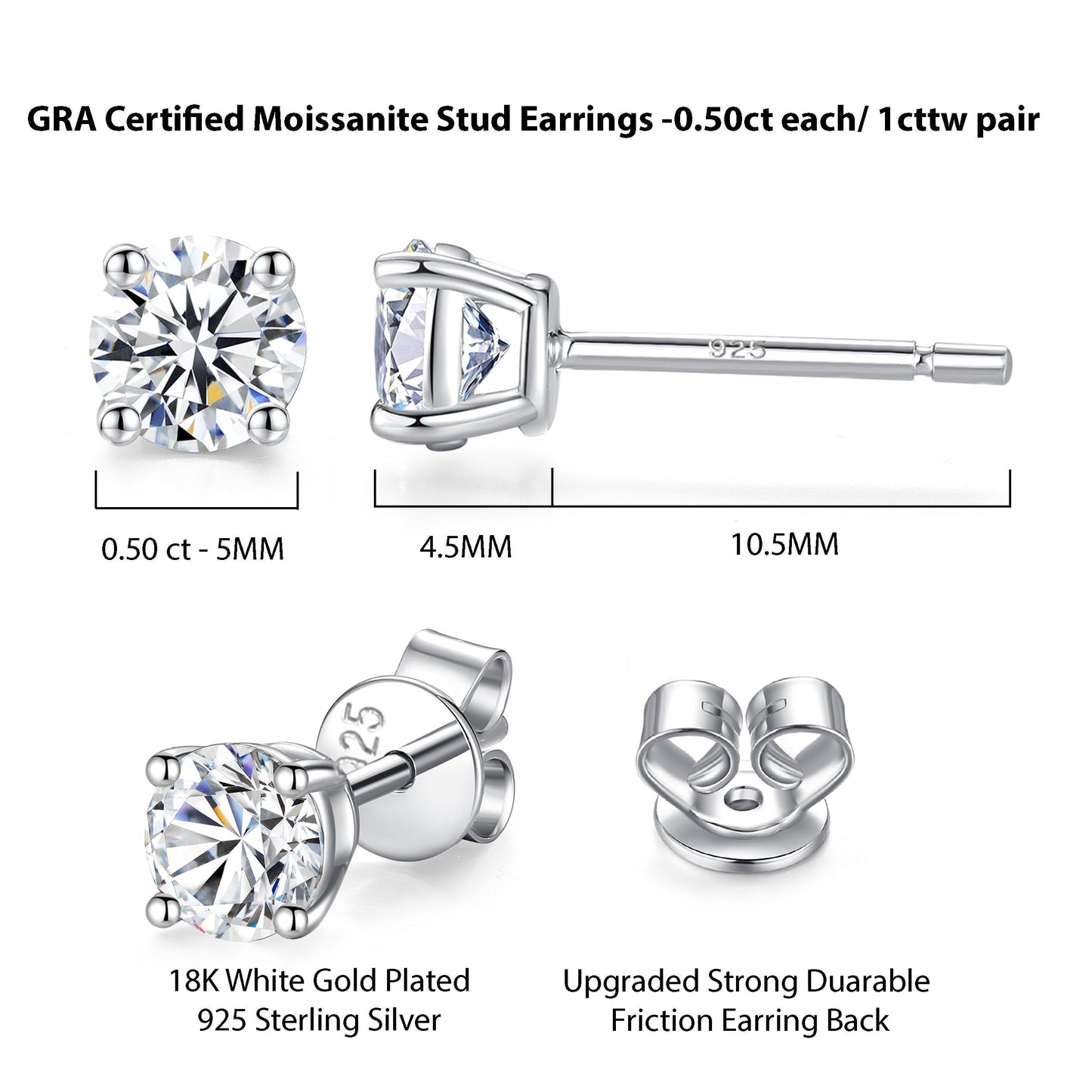 18K Gold Plated 925 Sterling Silver Moissanite Stud Earrings GRA-Certified - RUN THE STREETS COLLABORATIVE