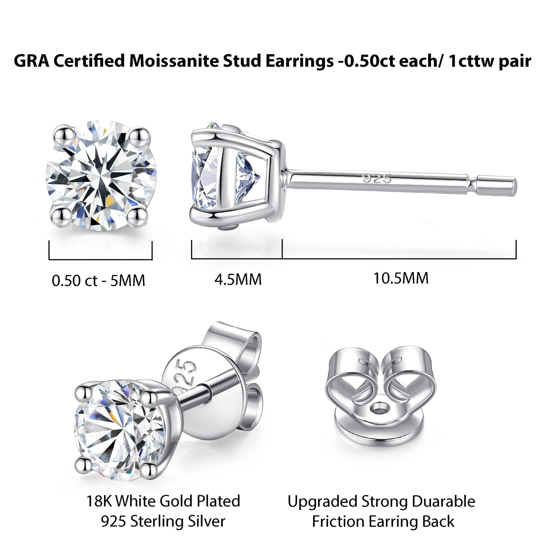 18K Gold Plated 925 Sterling Silver Moissanite Stud Earrings GRA-Certified - RUN THE STREETS COLLABORATIVE