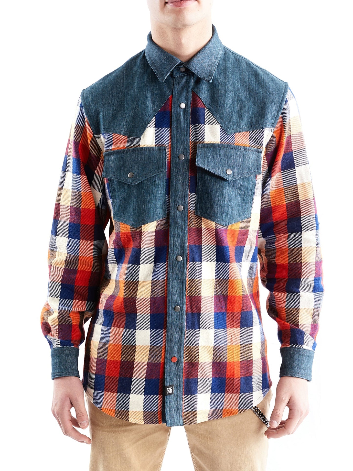 Western Shirt in Orange Checked Flannel and Denim - RUN THE STREETS COLLABORATIVE