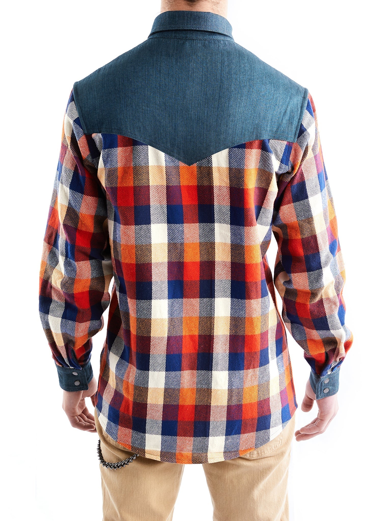 Western Shirt in Orange Checked Flannel and Denim - RUN THE STREETS COLLABORATIVE