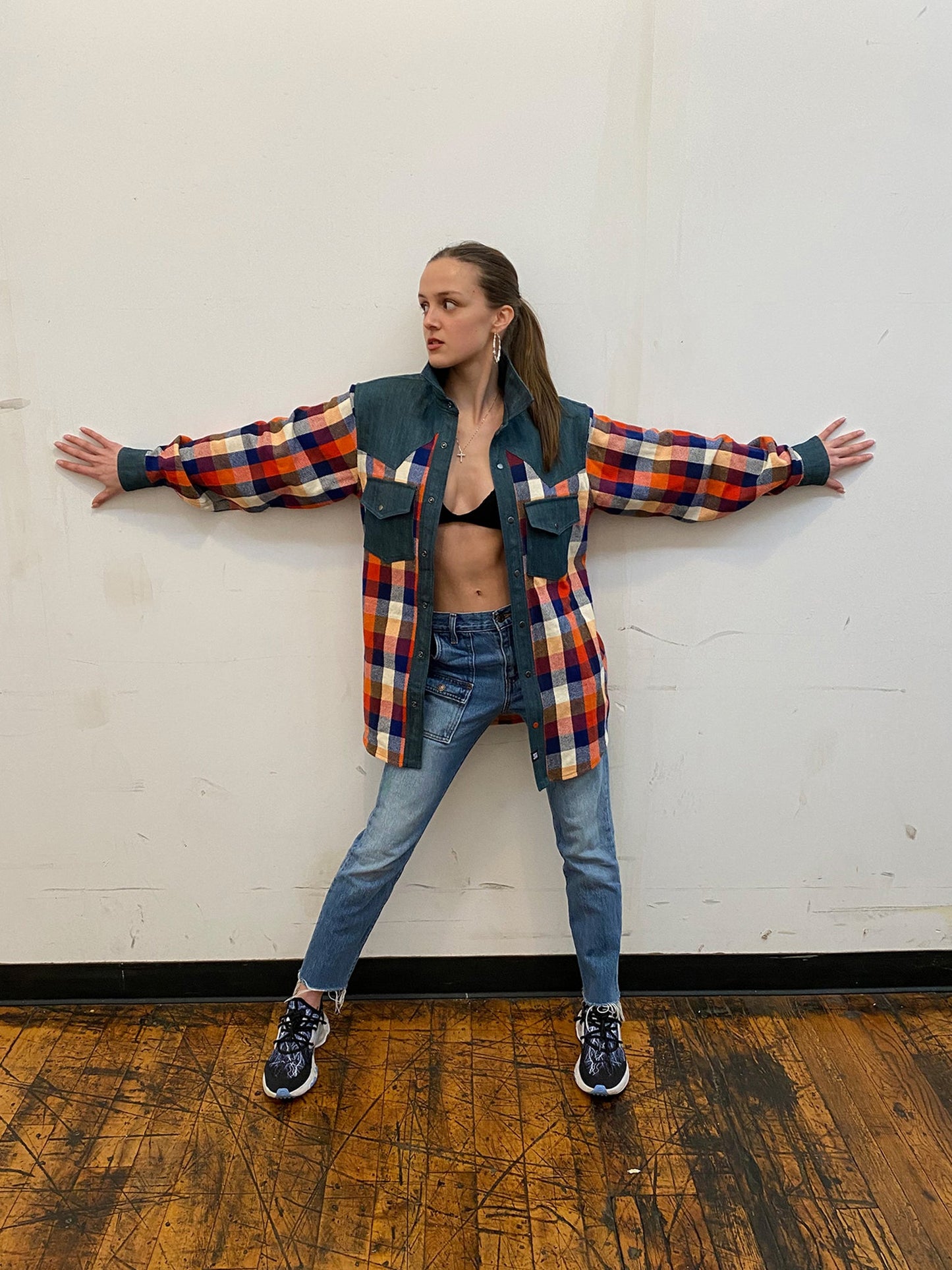 Western Shirt in Orange Checked Flannel and Denim - RUN THE STREETS COLLABORATIVE