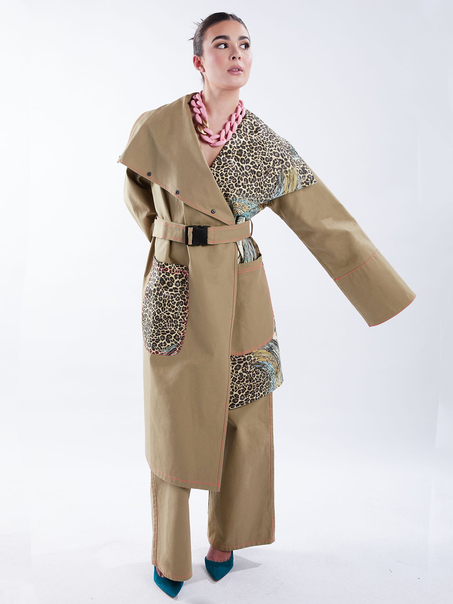 Asymmetric Trench Coat in Tan Duck and Leopard Paisley Print - RUN THE STREETS COLLABORATIVE