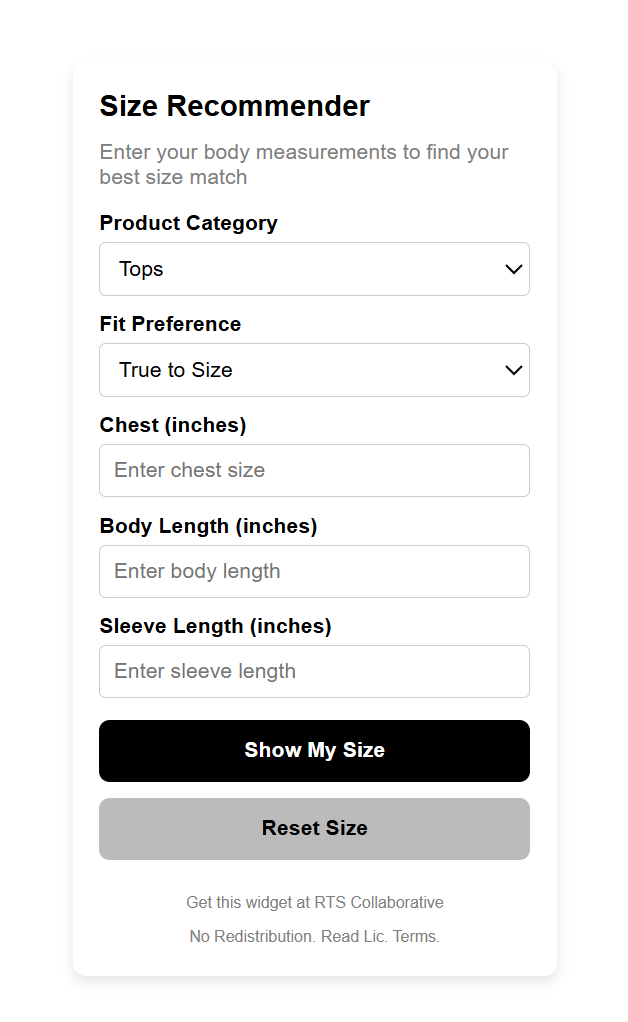 Size Recommender Widget Plugin