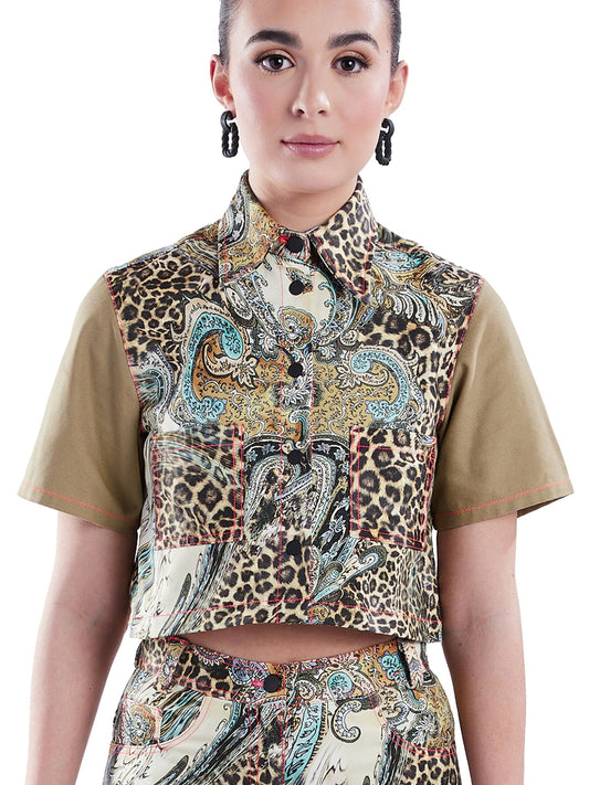Cropped Button-Down Shirt in Tan and Leopard Paisley - RUN THE STREETS COLLABORATIVE