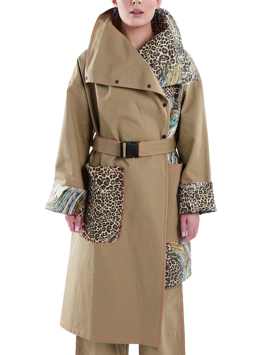 Asymmetric Trench Coat in Tan Duck and Leopard Paisley Print - RUN THE STREETS COLLABORATIVE