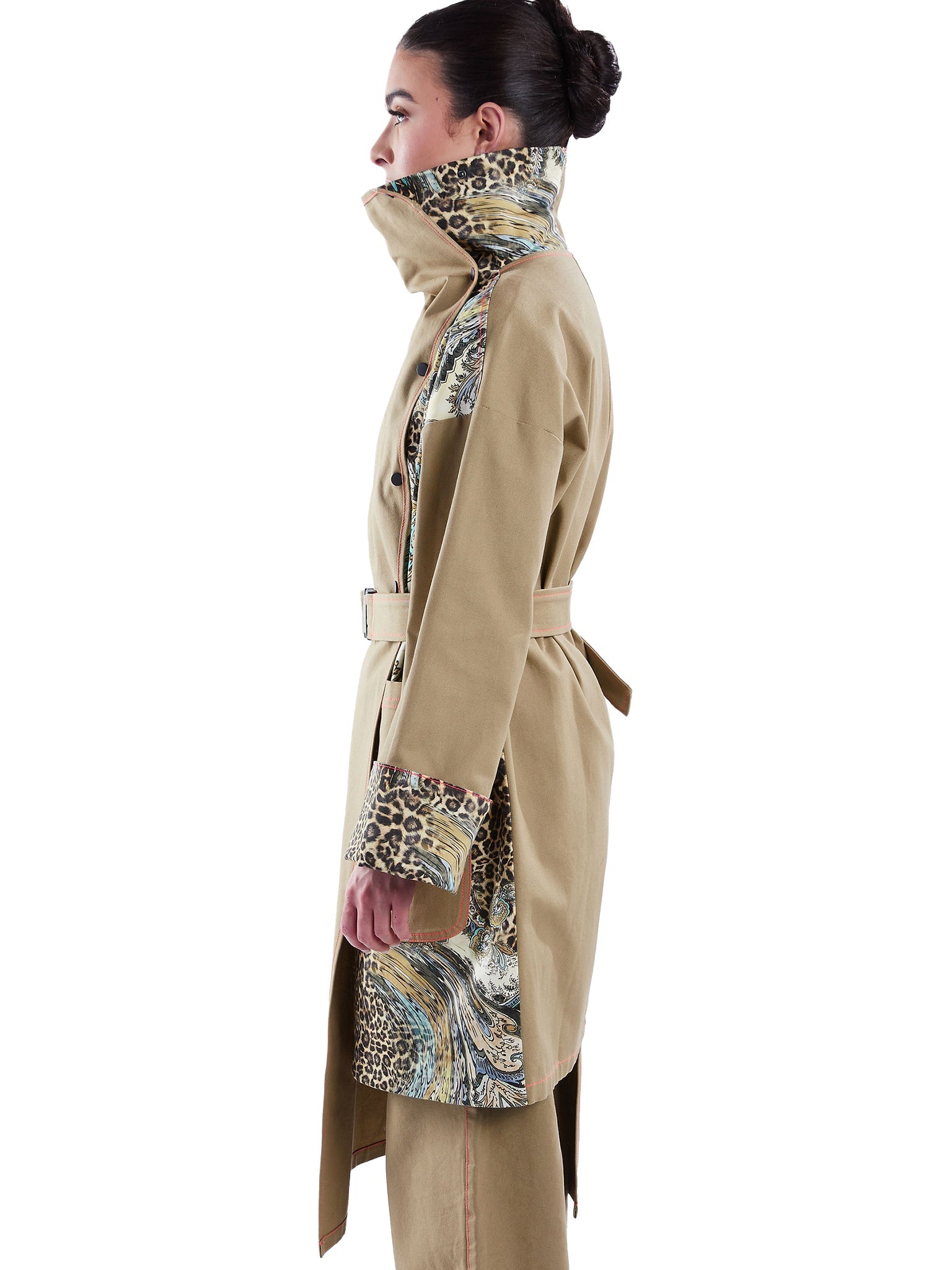 Asymmetric Trench Coat in Tan Duck and Leopard Paisley Print - RUN THE STREETS COLLABORATIVE