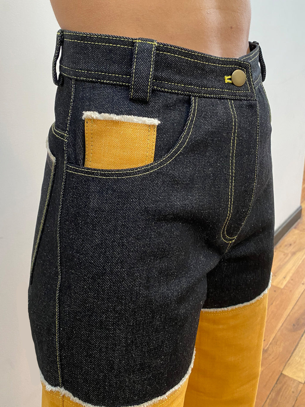 Wide Leg Pant in Black and Yellow Denim - RUN THE STREETS COLLABORATIVE