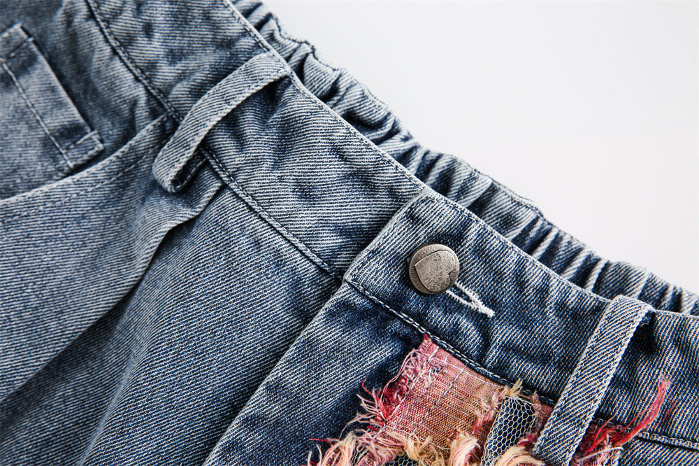 Patchwork Torn Lace Washed Denim Shorts - RUN THE STREETS COLLABORATIVE