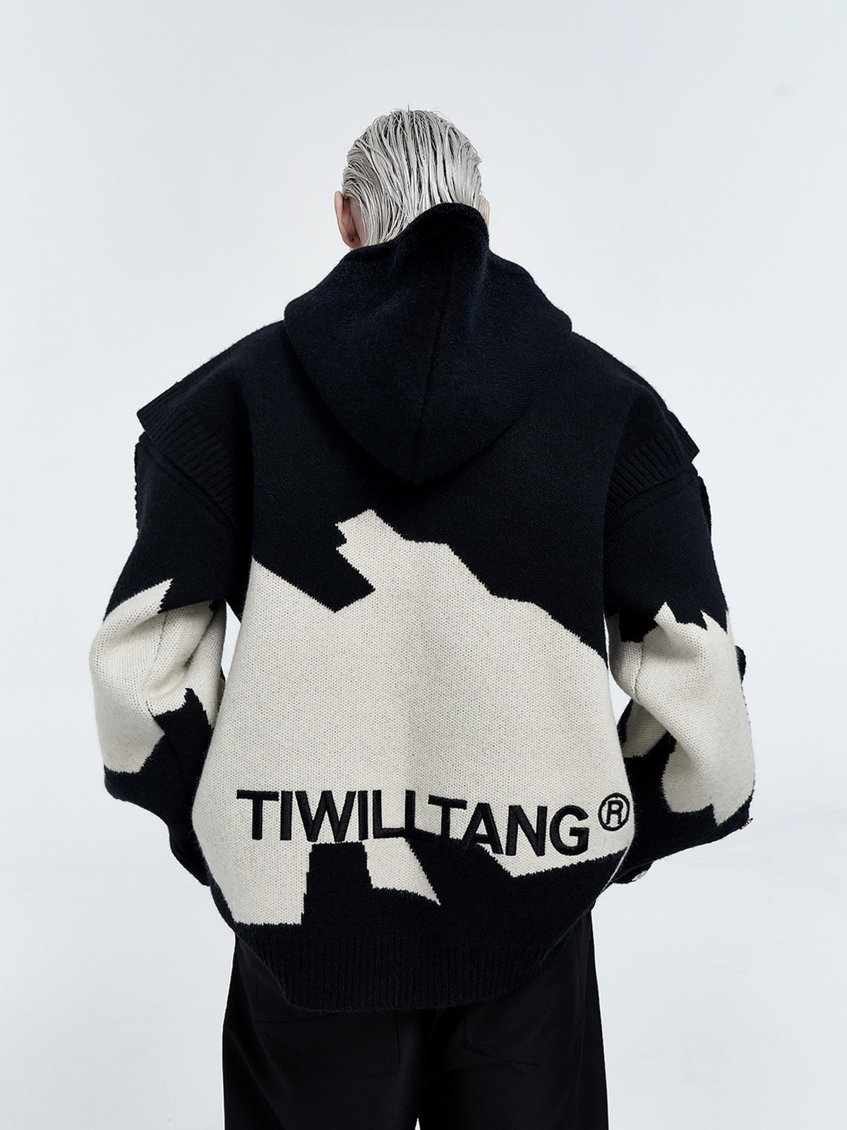 Abstract Snap-Detail Hooded Sweater