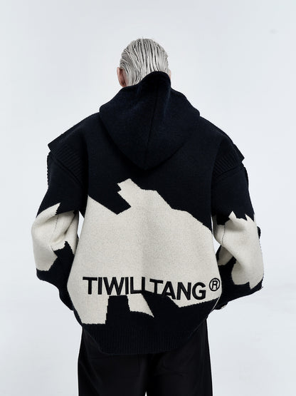 Abstract Snap-Detail Hooded Sweater