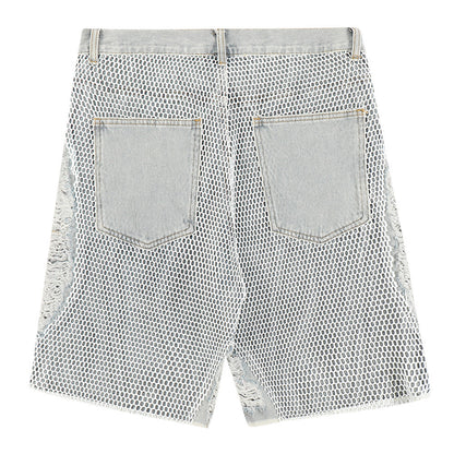Mesh-Overlay Distressed Denim Shorts