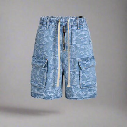 Cargo Pockets Jacquard Paisley Denim Shorts - RUN THE STREETS COLLABORATIVE