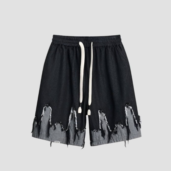 Distressed Edge Gray-Black Denim Shorts - RUN THE STREETS COLLABORATIVE