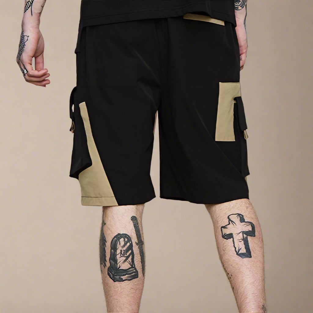 Camel Black Contrast Cargo Shorts - RUN THE STREETS COLLABORATIVE