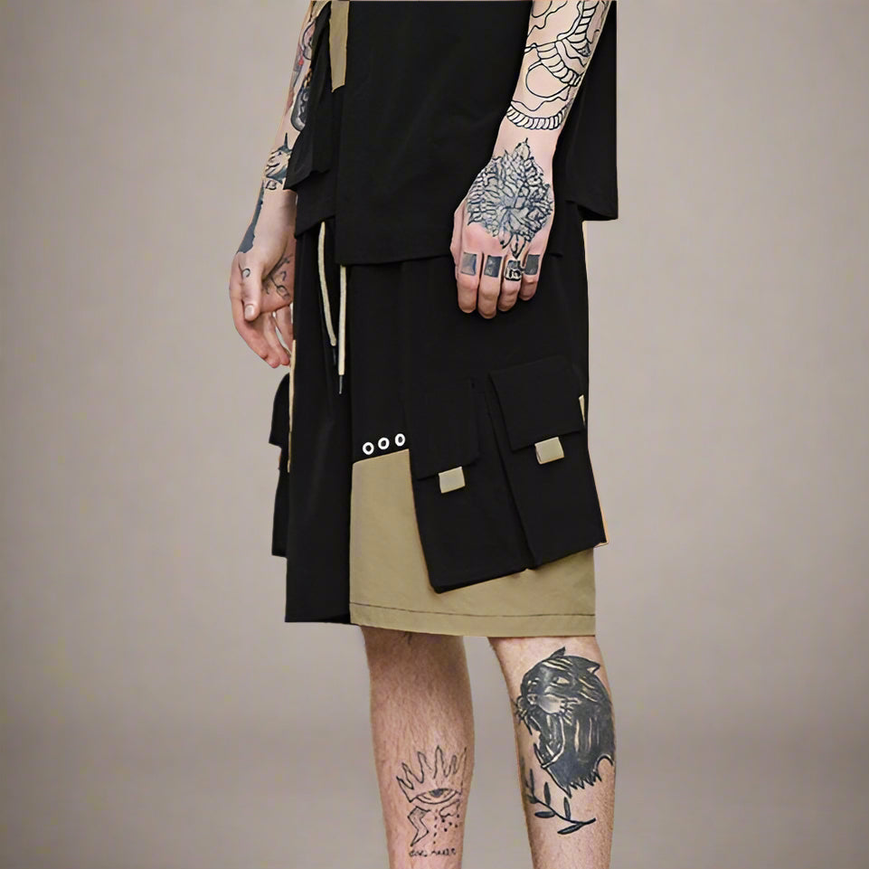 Camel Black Contrast Cargo Shorts - RUN THE STREETS COLLABORATIVE