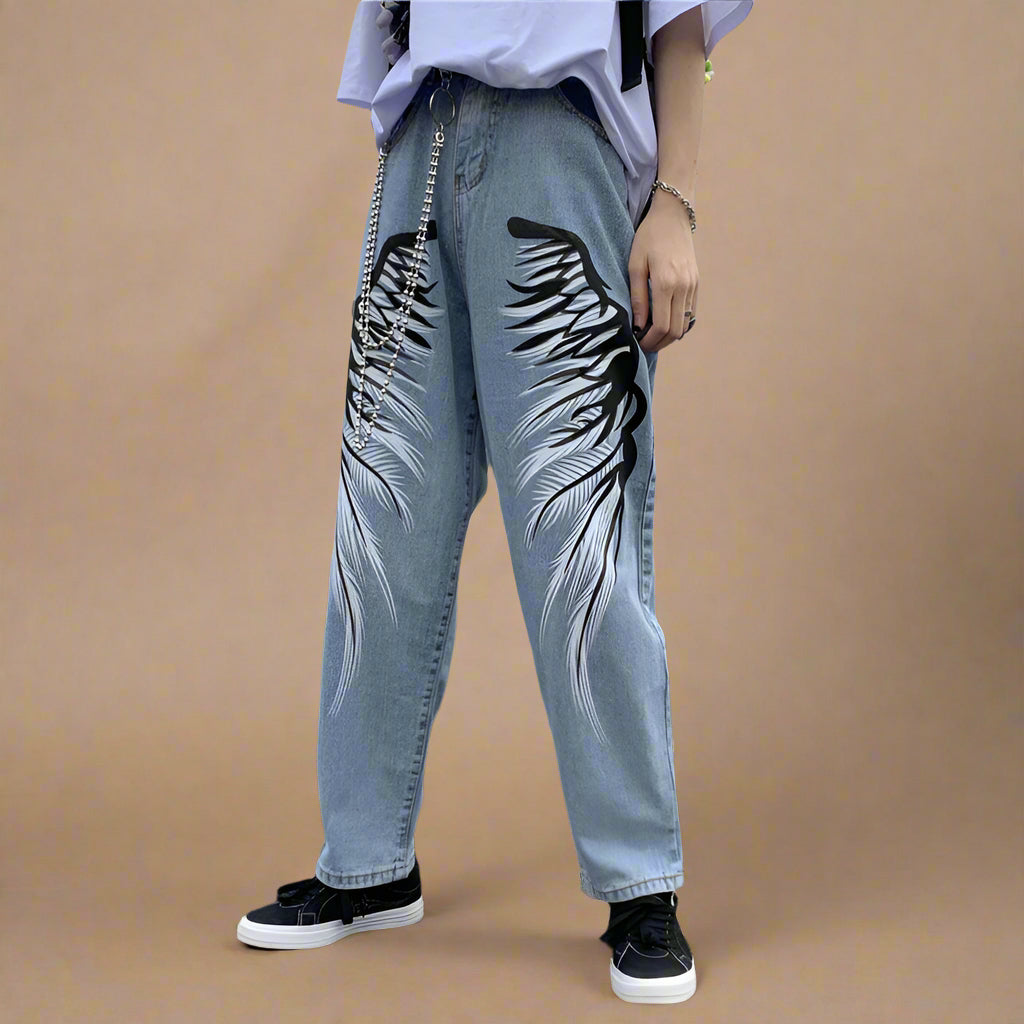 Wings Printed High-Waist Jeans - RUN THE STREETS COLLABORATIVE