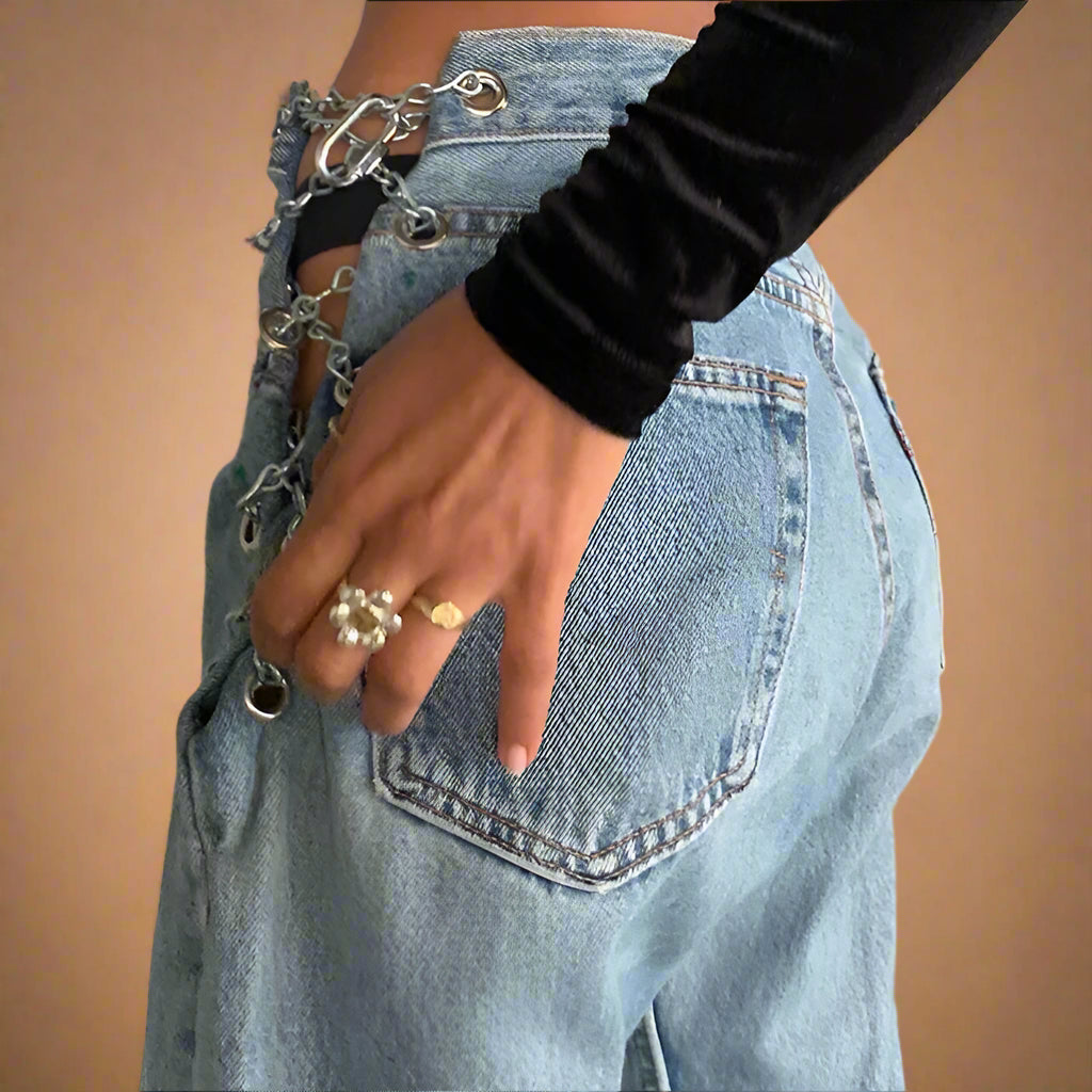 Fringed Hem Vintage Blue Drawstring Jeans - RUN THE STREETS COLLABORATIVE