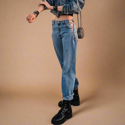 Fringed Hem Vintage Blue Drawstring Jeans - RUN THE STREETS COLLABORATIVE