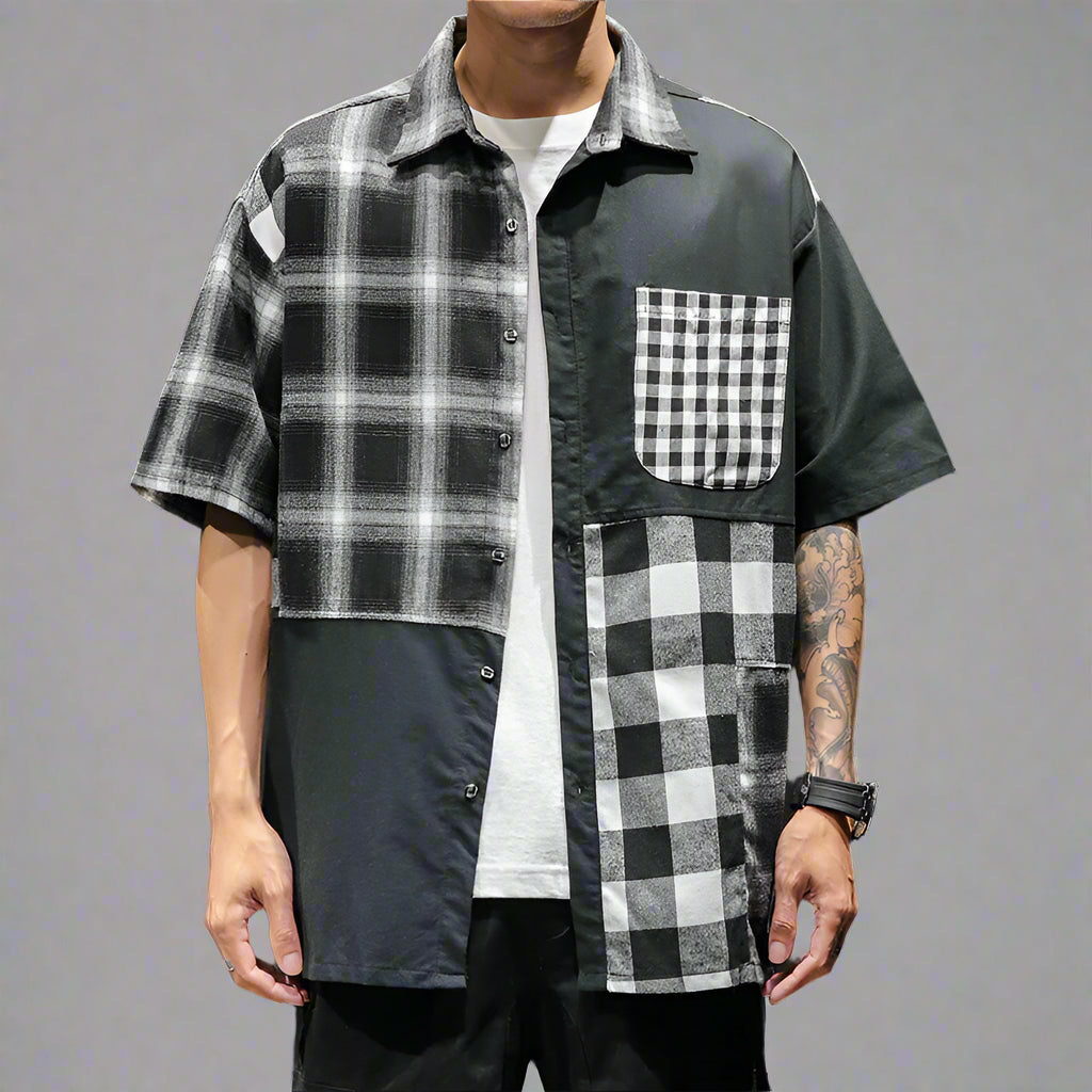 Plaid Shirt Loose Contrast Color Asymmetric Shirt - RUN THE STREETS COLLABORATIVE