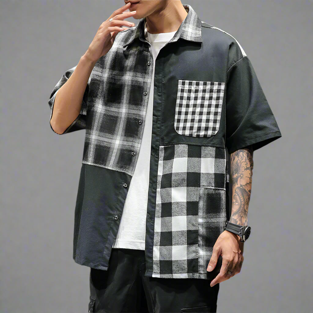 Plaid Shirt Loose Contrast Color Asymmetric Shirt - RUN THE STREETS COLLABORATIVE