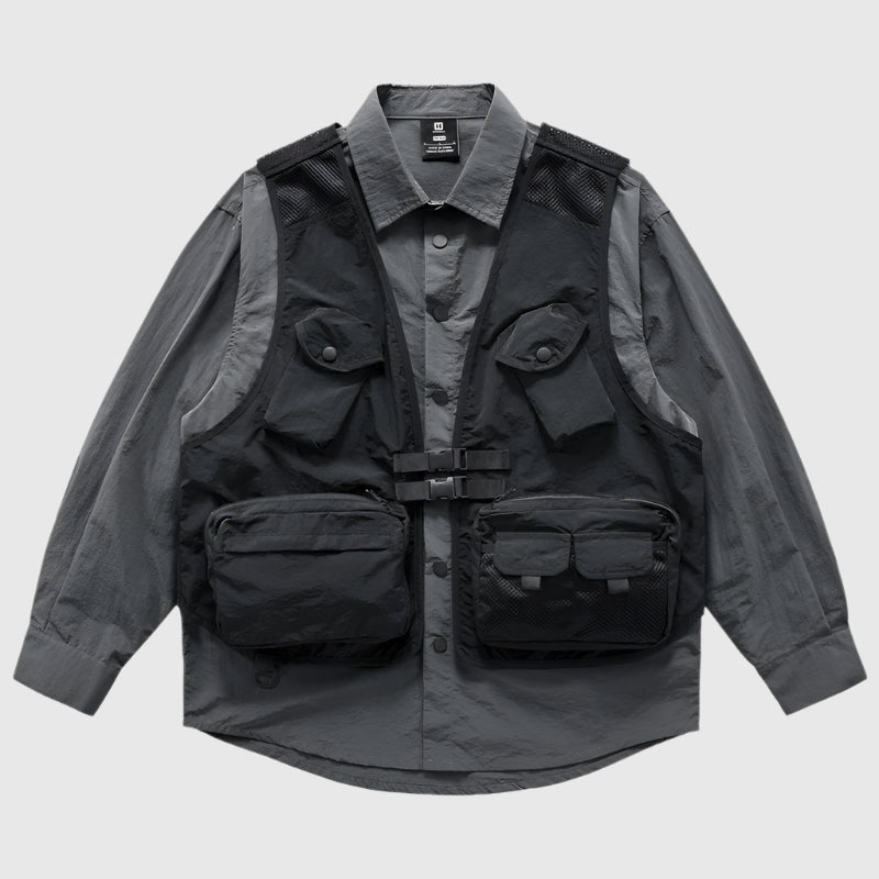 Multi-pocket Utility Vest Cargo Over Long Sleeve Shirt - RUN THE STREETS COLLABORATIVE