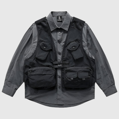 Multi-pocket Utility Vest Cargo Over Long Sleeve Shirt - RUN THE STREETS COLLABORATIVE