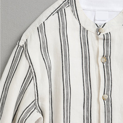Striped Band-Collar Shirt (3/4 Sleeve)