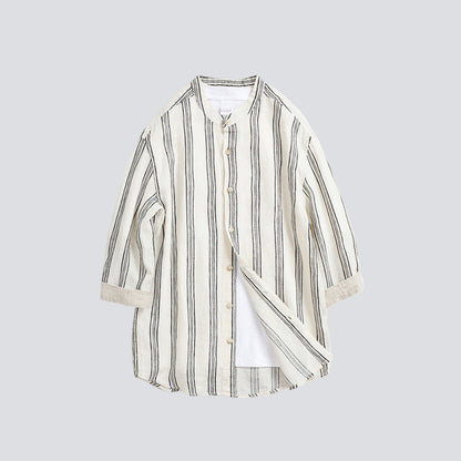 Striped Band-Collar Shirt (3/4 Sleeve)