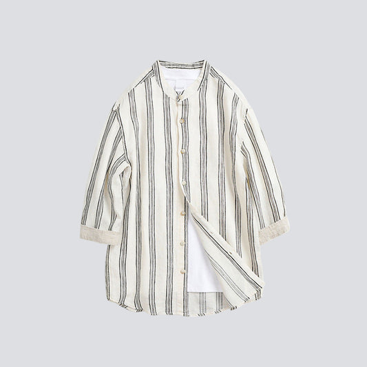 Striped Band-Collar Shirt (3/4 Sleeve)