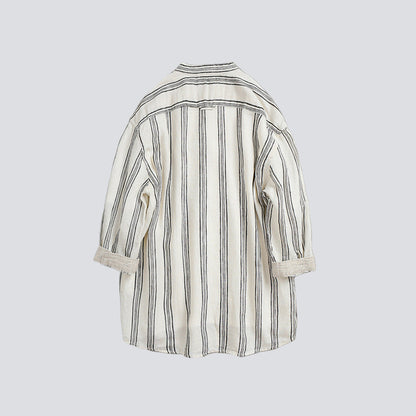 Striped Band-Collar Shirt (3/4 Sleeve)