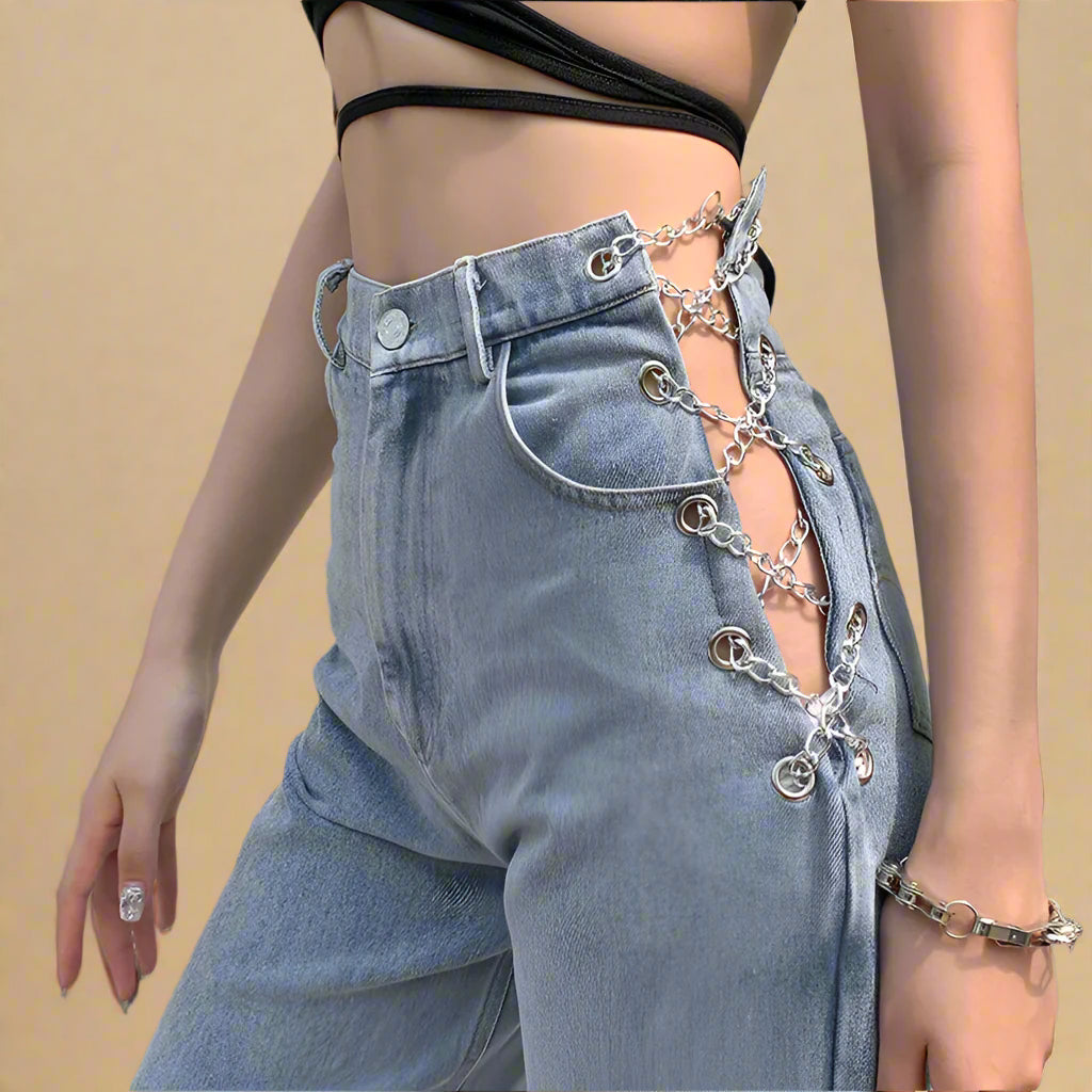 High-Rise Hip Chain Denim Jeans - RUN THE STREETS COLLABORATIVE