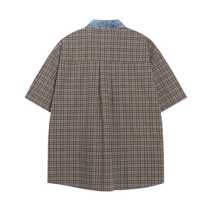Denim Collar Plaid Short-Sleeve Shirt
