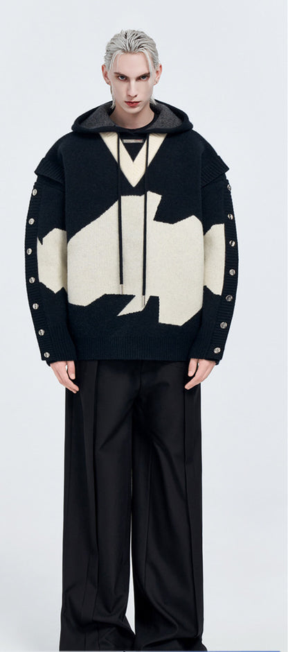 Abstract Snap-Detail Hooded Sweater