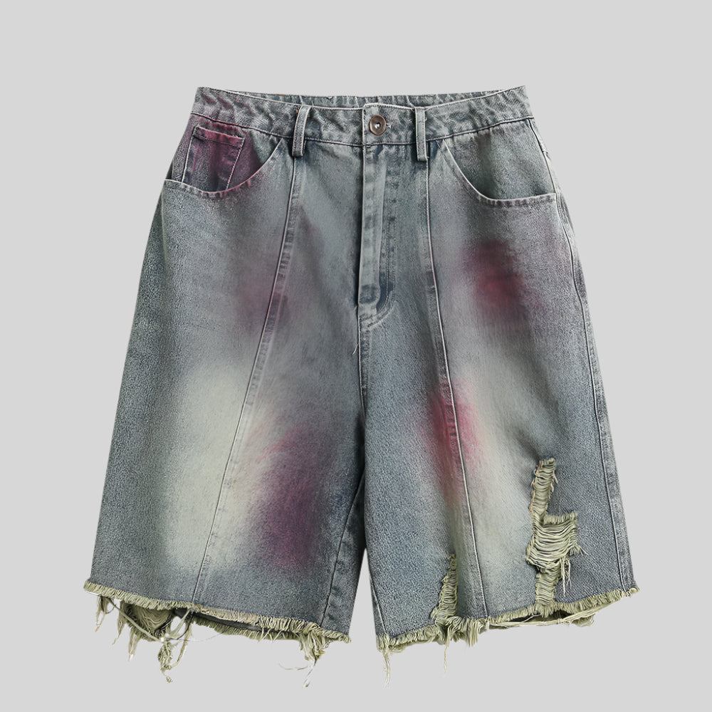 Ripped Washed Spray-Painted Denim Shorts - RUN THE STREETS COLLABORATIVE