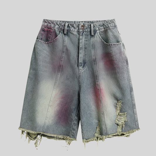 Ripped Washed Spray-Painted Denim Shorts - RUN THE STREETS COLLABORATIVE