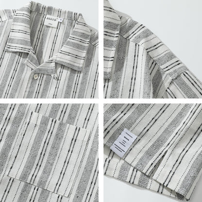 Striped Linen Blend Open Collar Shirt