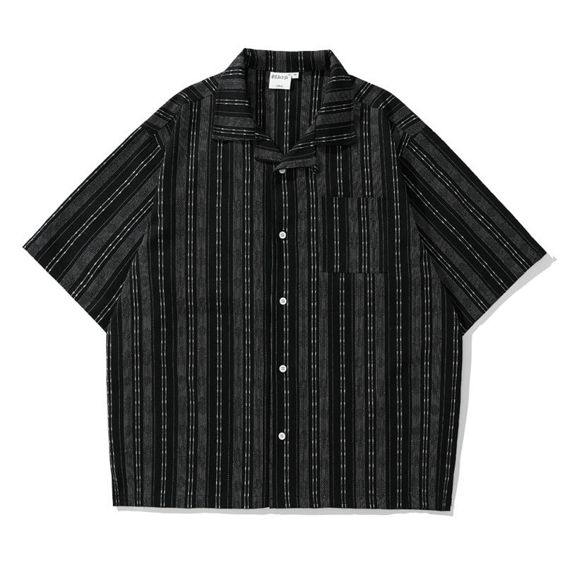 Striped Linen Blend Open Collar Shirt