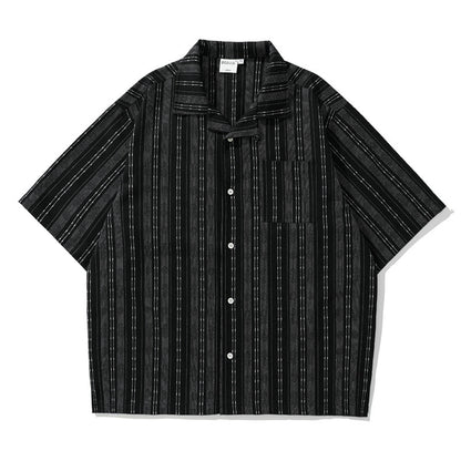 Striped Linen Blend Open Collar Shirt