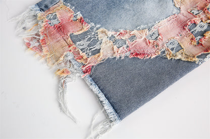 Patchwork Torn Lace Washed Denim Shorts - RUN THE STREETS COLLABORATIVE